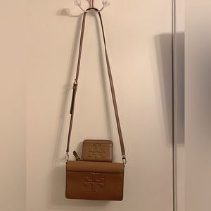 Tory Burch Bombe’ Small Crossbody and Matching Wallet Set- Brown Leather